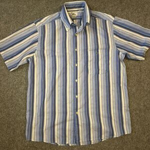 Lacoste Shirt Mens Size 40 Short Sleeve Stripes Blue Button Down